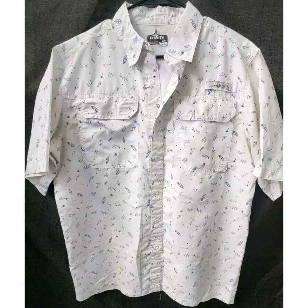 HABIT MENS SHORT SLEEVE SHIRT Size Medium White Blue Shark Fishing Print EUC